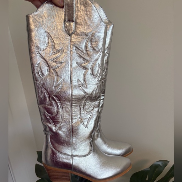 Silver Metallic Cowboy Chunky Heeled Western Embroidery Cowgirl Boots Size 7 - Picture 4 of 7